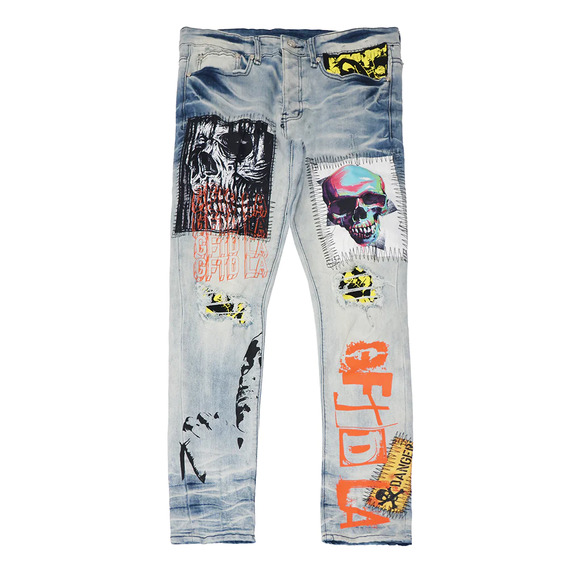 GFTD LA Los Angeles Men's Jayden Skinny Fit Panel Patches Skull Distressed Jeans - Picture 1 of 2